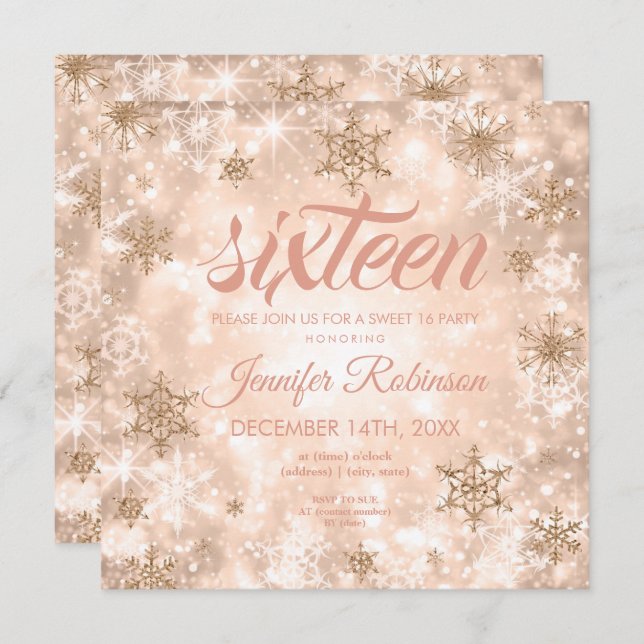 Convite Rosa de inverno Doce Dourado 16 Glitter Sparkle (Frente/Verso)