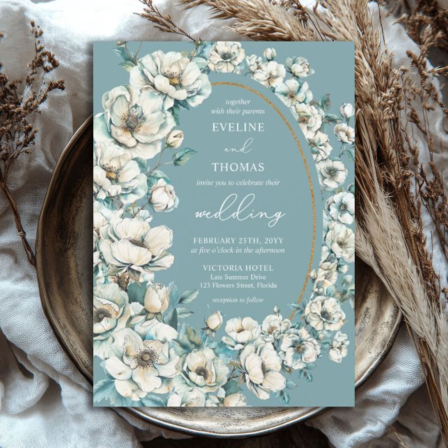 Convite Rosa de jardim de turquesa verde-macio (watercolor teal and gold mixed white flowers wedding invitation)