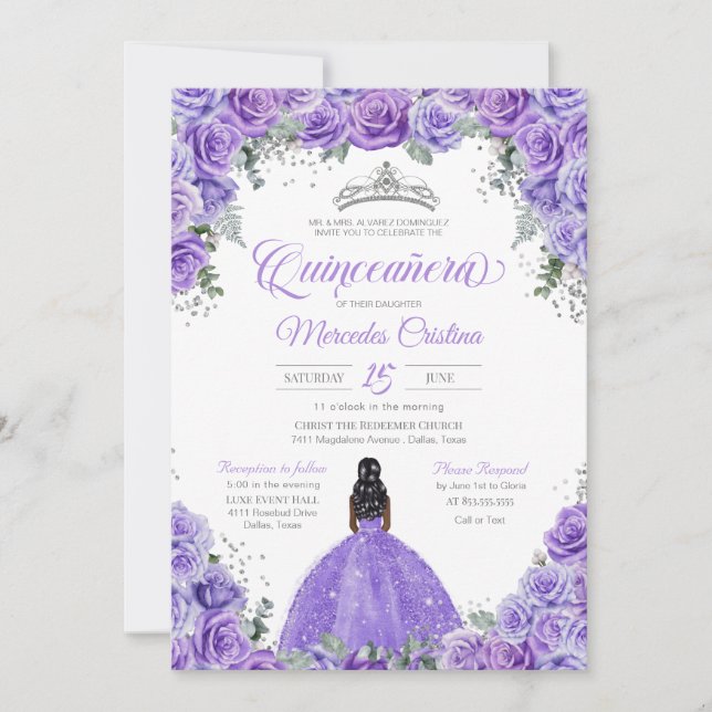Convite Rosa de Lavanda Roxo, Tiara Quinceanera (Frente)