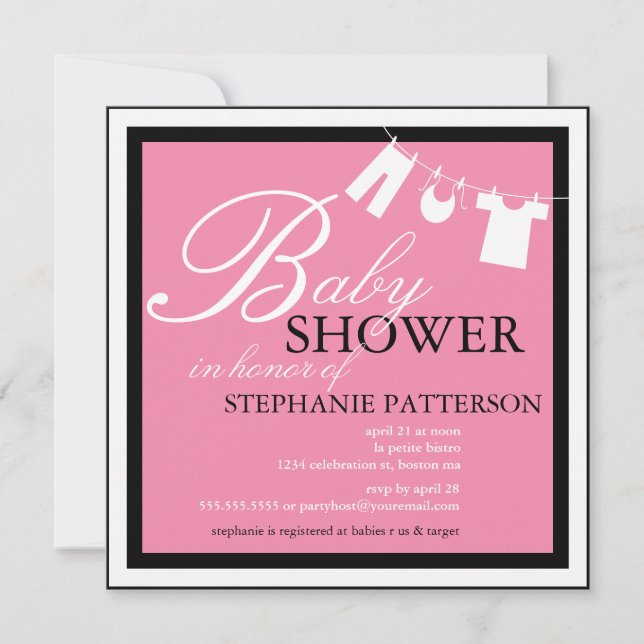 Convite Rosa de Linha de Roupas de Chá de fraldas  (Frente)