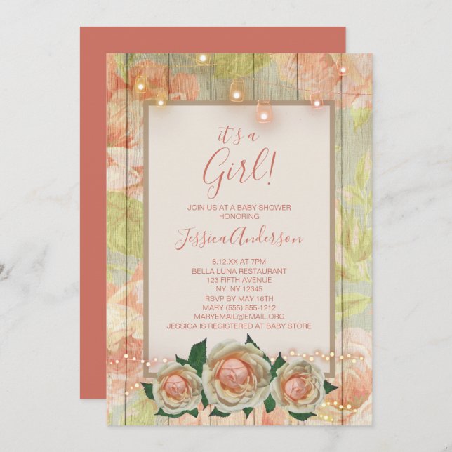 Convite Rosa de Madeira Mason Jar Light Chá de fraldas (Frente/Verso)