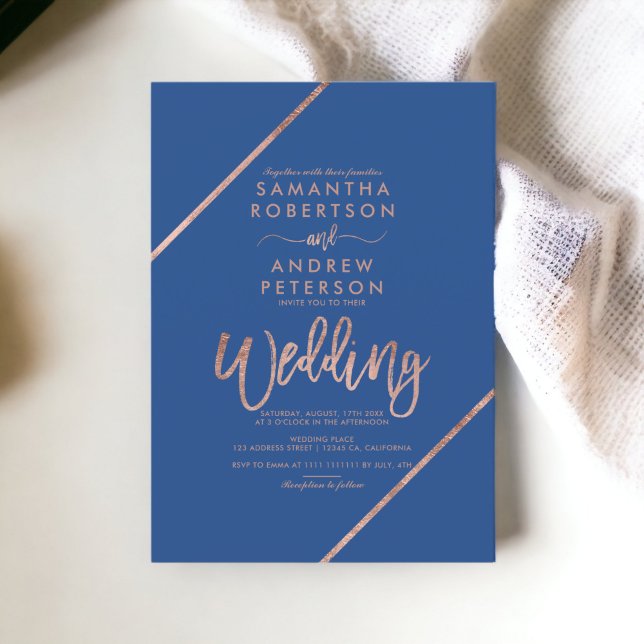 Convite Rosa de música Dourada casamento azul (Chic rose Gold typography blue wedding Invitation)