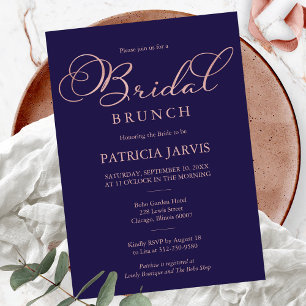 Convite Rosa de Ouro Azul Marinho Folha de Script Brunch N