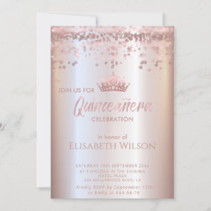 Convite Rosa de ouro brilhante confetti tiara Quinceañera