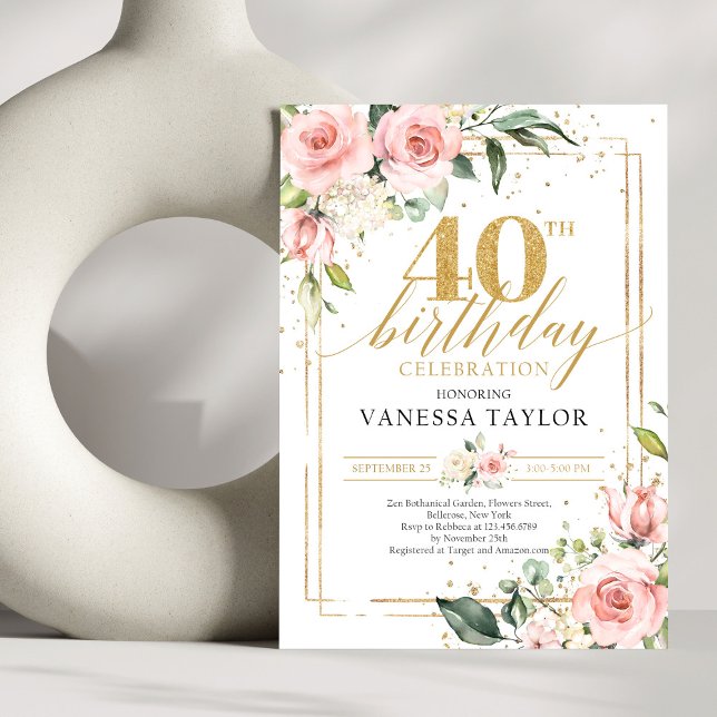 Convite Rosa de ouro de eucalipto, aniversário de 40 anos (Modern Boho blush pink floral gold glitter sparkles 40th birthday invitation digital)