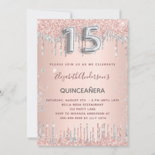 Convite Rosa de ouro de Quinceanera, reluz de prata