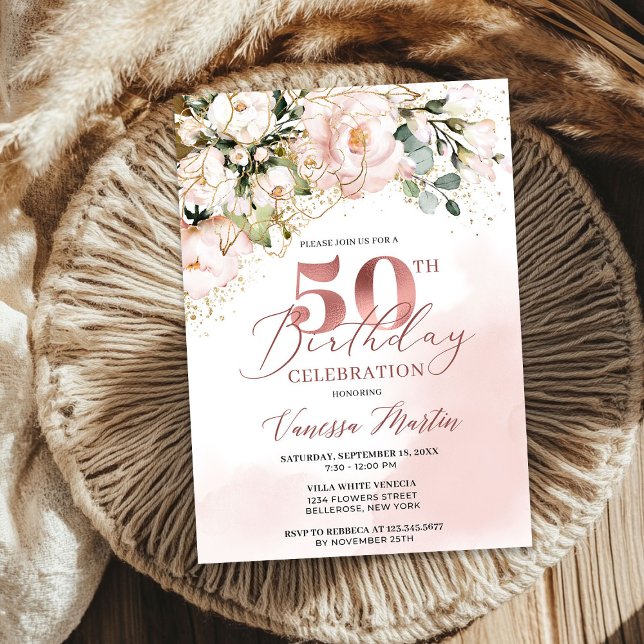 Convite Rosa de ouro floral, cor-de-rosa, 50 anos (Blush pink floral rose gold boho 50th birthday invitation)