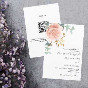Convite Rosa de ouro floral verde QR código RSVP casamento