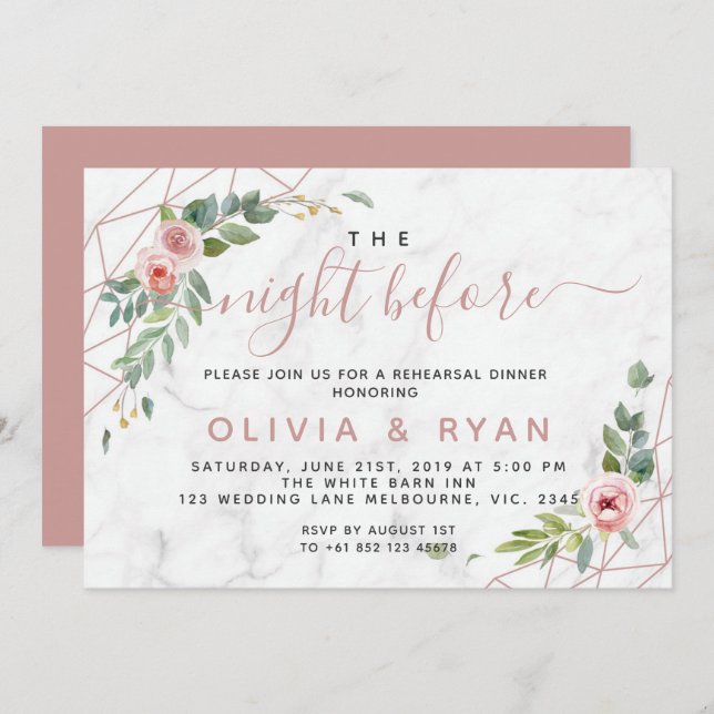 Convite Rosa de ouro geométrico na noite anterior ao convi (Frente/Verso)