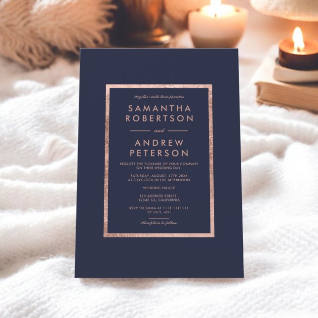Convite Rosa de ouro legado casamento azul marinho (Elegant faux rose gold frame navy blue wedding invitation)