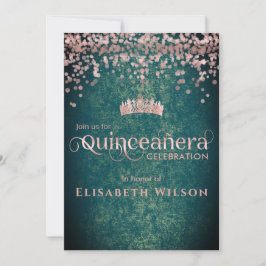 Convite Rosa de ouro verde confetti tiara Quinceañera