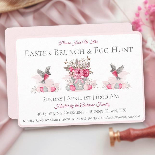 Convite Rosa De Páscoa De Aquarela Brunch De Caça  (Watercolor Easter Brunch Egg Hunt Pink Invitation)