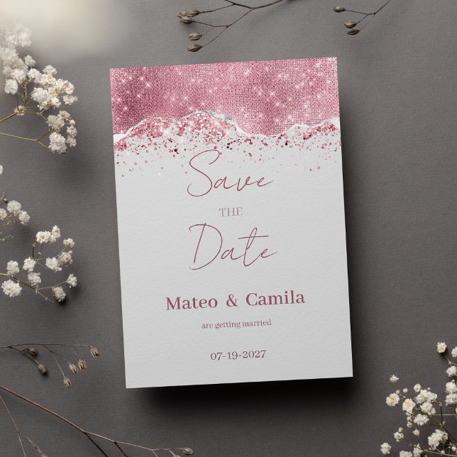 Convite Rosa de pastel cinza dourado brilho prateado Salva (Pastel gray rose gold silver glitter Save the Date)