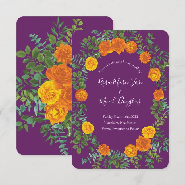 Convite Rosa de Peônia Roxa e Laranja & Save the Date de C (Frente/Verso)