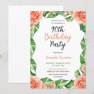 Convite Rosa de Pêssego de Aquarela 90 de Aniversário