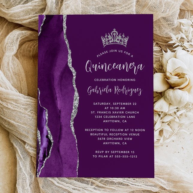 Convite Rosa de Plumagem Prata Ágata Quinceañera (Criador carregado)