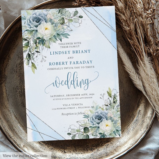Convite Rosa de Prata Azul Moderno Boho Dusty (Modern Boho Dusty Blue Silver Roses Wedding Invitation)