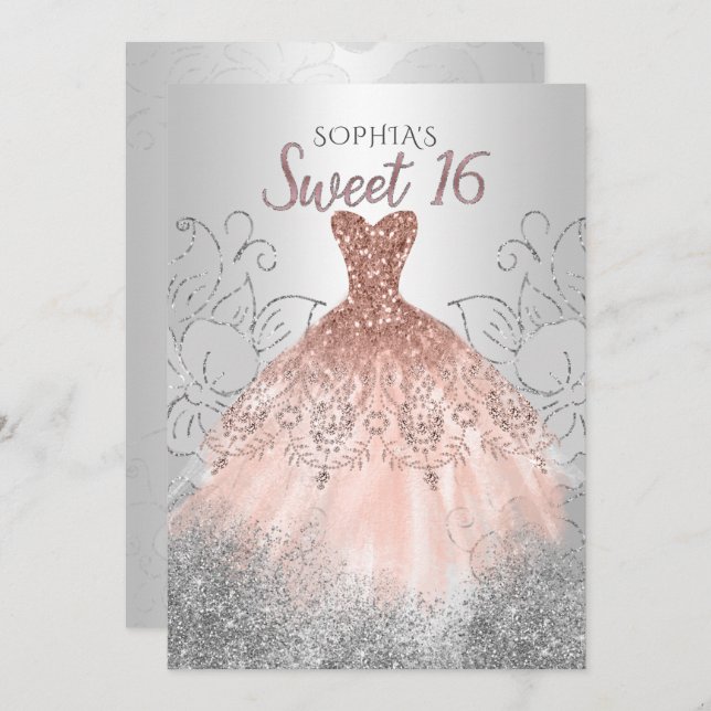 Convite Rosa de Prata Dourada Sparkle Vestido 16 anos (Frente/Verso)