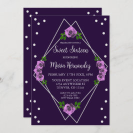 Convite Rosa de prata geométrica púrpura 16