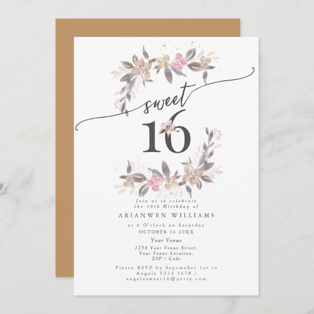 Convite rosa de queda do buquê do ouro Sweet 16 (Frente/Verso)