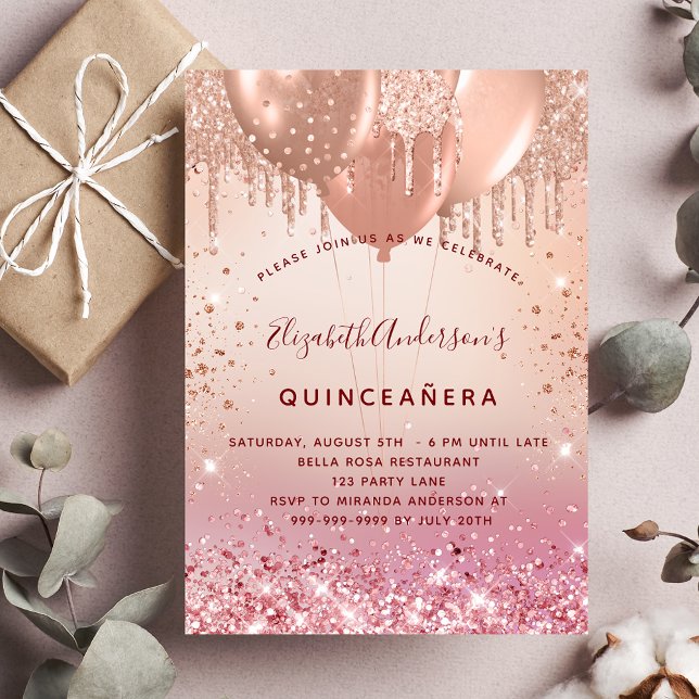 Convite Rosa de Quinceanera - balões brilhantes cor-de-ros (Criador carregado)