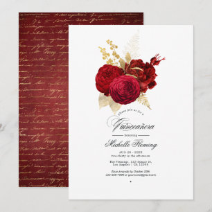 Convite Rosa de Quinceañera, vermelho e Dourado