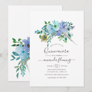 Convite Rosa de Quinze Anos Floral Boho em Aquarela Azul e