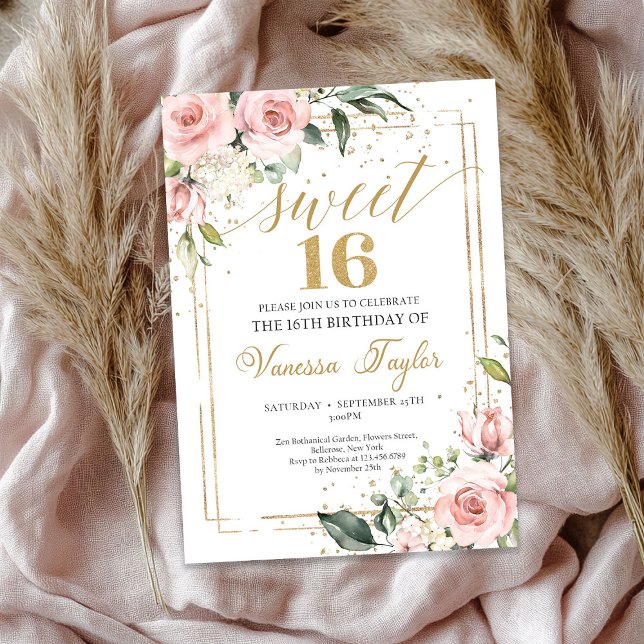Convite Rosa de rosa dourado cor-de-rosa-claro (Blush pink gold frame rose gold dusty rose invitation)