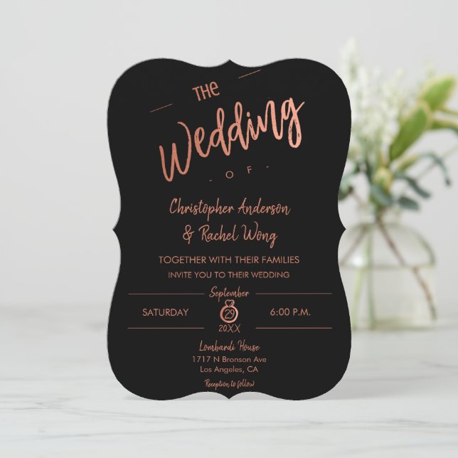 Convite Rosa de Script Simples Preto Personalizado Dourado (Em pé/Frente)