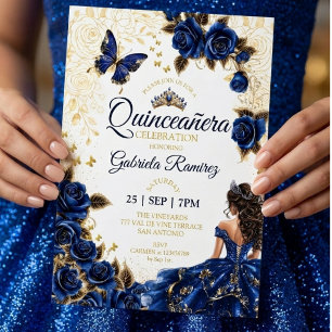 Convite Rosa de Tiaras Douradas Azul Real Quinceañera