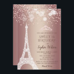 Convite Rosa de torre Eiffel com brilho Dourado 16<br><div class="desc">Elegante Torre Eiffel Rosa Dourado Sparkle Glitter 16 Convite de Aniversário</div>