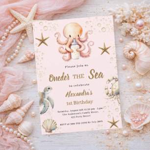 Convite Rosa debaixo do mar oceano animal menina 1º Aniver