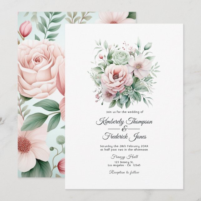 Convite Rosa Desbotada, Verde Menta e Casamento Floral Bei (Frente/Verso)