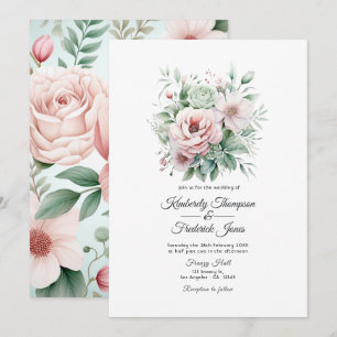 Convite Rosa Desbotada, Verde Menta e Casamento Floral Bei