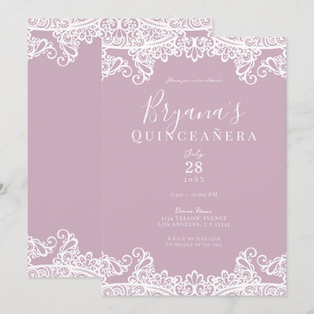 Convite Rosa Desbotado Branco Renda Festa de Quinceañera E (Frente/Verso)