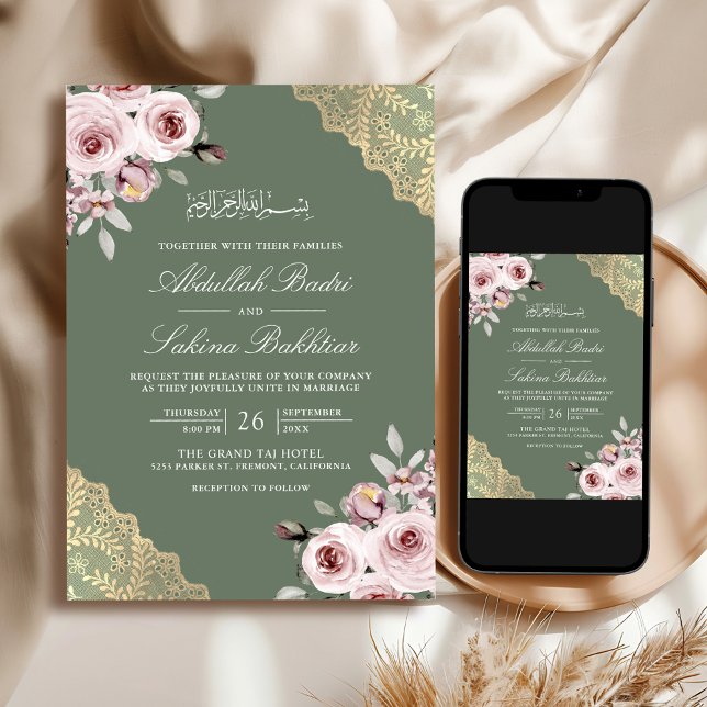 Convite Rosa Desbotado Dourado Renda Código QR Casamento M (Criador carregado)