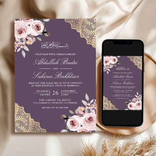 Convite Rosa Desbotado Dourado Renda Código QR Casamento M