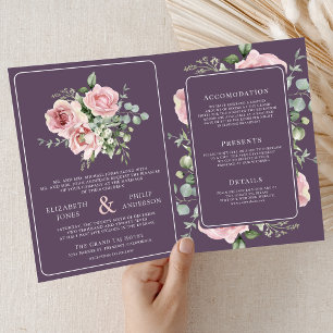 Convite Rosa Desmaiado Floral Eucalipto Roxo Púrpura Casam