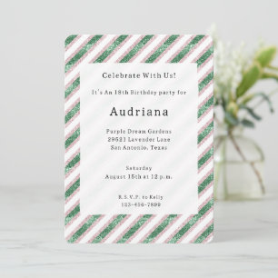 Convite Rosa Desmaiado Verde Glam Chic Glitzy Listras Aniv