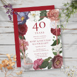 Convite rosa do 40º aniversário do Casamento Ruby<br><div class="desc">Apresentando rosas decorativas de campo caindo sobre um falso quadro de película rubi envolvendo seus detalhes personalizados de aniversário de casamento rubis e os nomes de casais felizes definidos em texto vermelho rubi clássico. Projetado por Thisnotme©</div>