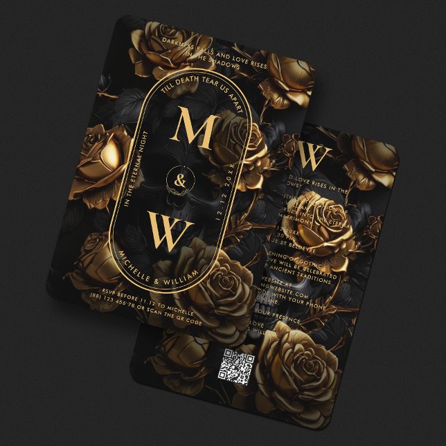 Convite Rosa do crânio gótico Monograma elegante Dourado p (Gothic Skull Rose Boho Elegant Monogram Black Gold Invitation
)