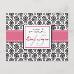 Convite Rosa do ESPANHOL - Damasco Rosa Quinceañera Invit