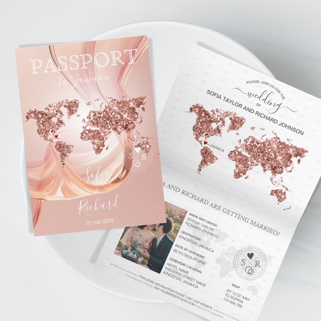 Convite Rosa do Mapa Mundial do Passaporte de Destino (blush pink glitter passport wedding)