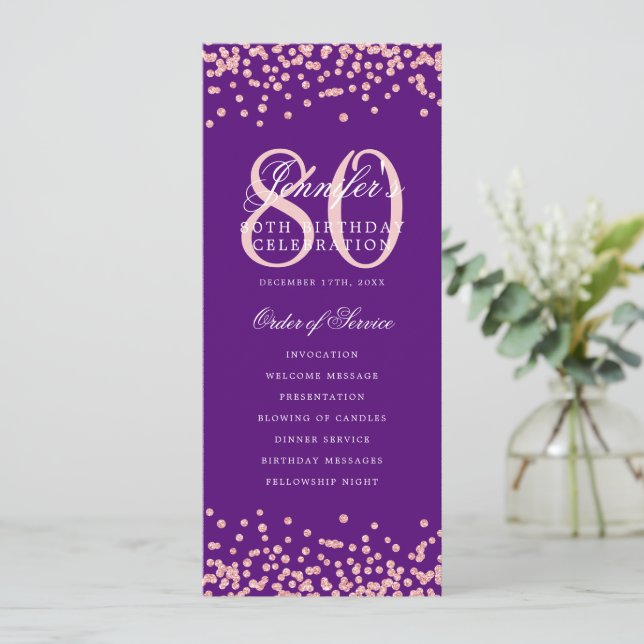 Convite Rosa do Programa de Aniversário do 80 Roxo Dourado (Em pé/Frente)