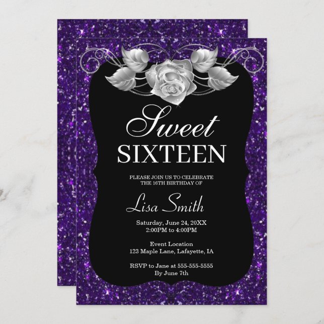 Convite Rosa Doce 16 Com Glitter Roxo-Chic Elegante 16 (Frente/Verso)