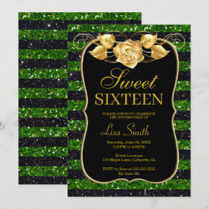Convite Rosa Doce 16 - Glitter Verde Negro Elegante