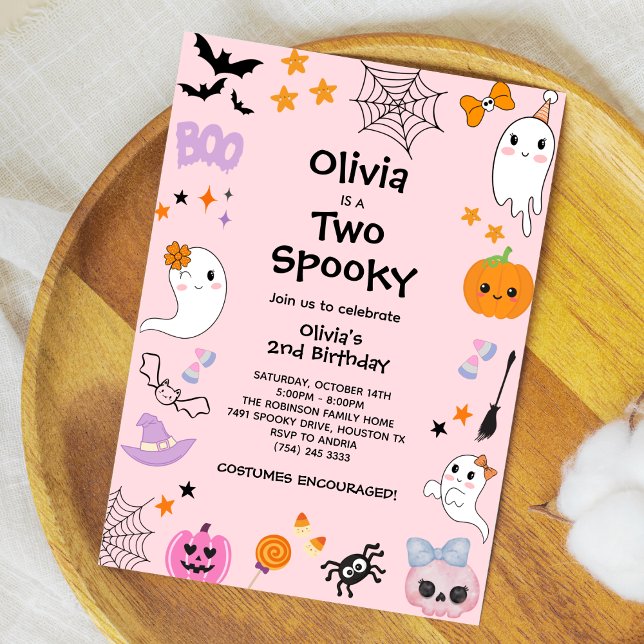Convite Rosa Dois segundo aniversário Fantasma Fantasma Fa (Pink Two Spooky Cute Ghost Halloween 2nd Birthday Invitation )