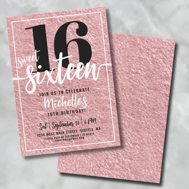 Convite Rosa Dourada 16.a Festa de aniversário (Rose Gold Sweet Sixteen 16th Birthday Party Invitation)
