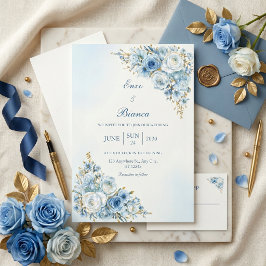 Convite Rosa Dourada Azul Empoeirada Moldura Dupla Casamen
