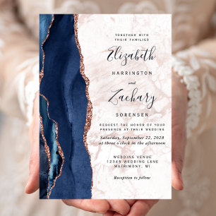 Convite Rosa Dourada Azul Marinho Casamento Mármore